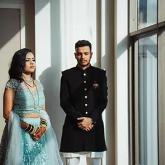 Using strong directional light and shadows from a large window to create a dramatic, high-contrast portrait of Shweta and Onkar. This is a great example of using indoor architecture for a modern look.