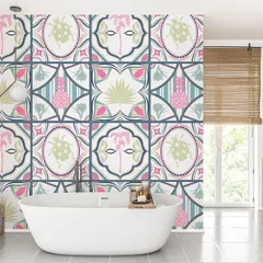 Here is my 'Tropical Tapestry' tile print imagined as a stunning bathroom feature wall. My patterns can be scaled and printed as wallpaper to create a unique, tiled effect without the hassle of actual tiling, perfect for adding character to any space.