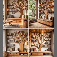 A collage showcasing one of my most requested designs: the custom tree-shaped bookshelf. This piece is not just for storage; it's a functional work of art that becomes the centerpiece of any room, complete with integrated seating and lighting.
