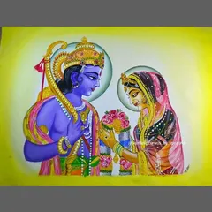 A detailed and vibrant acrylic painting of Ram and Sita during their wedding ceremony. This traditional artwork captures a sacred moment with intricate details on their attire and expressions.
