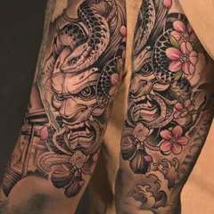 A powerful Japanese-inspired sleeve that wraps perfectly around the arm. The composition uses the Hannya mask, snake, and sakura blossoms to tell a story of facing inner demons, transformation, and the beauty of life.