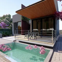 A view of the villa's backyard, featuring a wooden deck and a serene lily pond. This design element extends the living space outdoors, creating a private oasis for relaxation and entertainment.