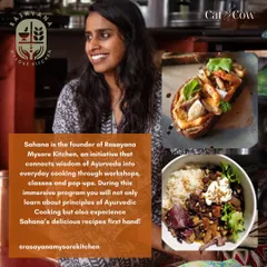Discover the healing power of food with Sahana of Rasayana Mysore Kitchen. She provides nourishing Ayurvedic meals throughout the retreat, like the beautiful dishes pictured here. You will also learn the fundamentals of Ayurvedic cooking in her workshops.