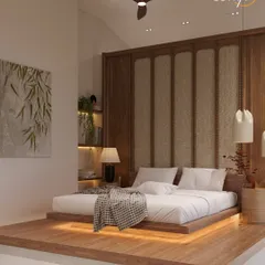 Another angle of the Japandi master bedroom, showcasing the elevated platform bed and the textural cane-panelled headboard. The warm, ambient lighting from beneath the bed adds to the room's serene, floating effect.