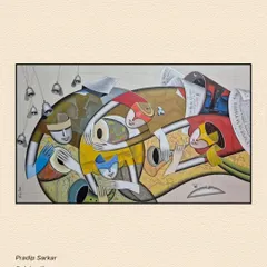 'Celebration' by Pradip Sarkar, a cubism-inspired work where musicians and instruments fragment and merge in a joyful, rhythmic composition.