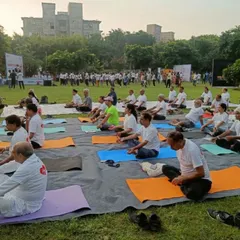 A wide view of the outdoor yoga event I led for Venkateshwar Hospital. I can guide large groups through practices that are accessible and beneficial for everyone, regardless of their experience level.