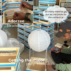 Getting the prep work done for a large order of baby announcement hampers. Here you can see us assembling the wooden crates and hot air balloon lanterns for the celestial theme.