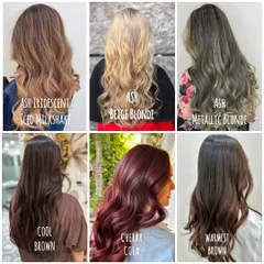This collage displays the wide variety of hair colors we offer. It features shades like Ash Iridescent, Ash Beige Blonde, Cool Brown, and Cherry Cola, showing our versatility with both natural and bold looks.