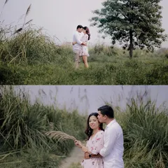 A romantic pre-wedding portrait in a field of tall grass by the river. The bottom frame shows a close-up of the groom's affectionate kiss, capturing a sweet, intimate moment.