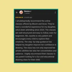 The words of our students' parents mean the world to us. This review highlights our patient, step-by-step teaching method that helps build not just artistic skill, but also confidence, concentration, and patience in young learners.