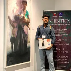 Here I am with my painting "Love & Hunger" after receiving the Prafulla Dahanukar Art Foundation's Kalanand Merit Grant Award.