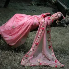 A high-angle shot of the model lying on the log, with her embroidered pink saree spread out. This composition creates a visually striking and romantic image.