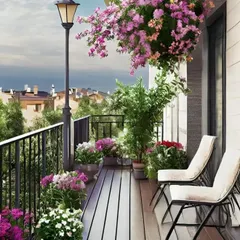 Adding a classic street lamp to this balcony creates a unique and whimsical focal point. Paired with abundant flowering plants and simple seating, it gives the space a charming, park-like atmosphere.