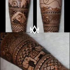 A collage showing the different custom elements in a bridal mehendi, from a couple's portrait to a city skyline and personal dates.