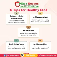 This infographic outlines five core tips for a healthy diet. It emphasizes eating fruits and vegetables, avoiding processed foods, choosing lean protein, drinking water, and avoiding sugary drinks.