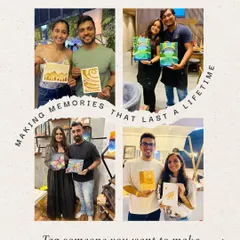 A collage showing happy couples and friends posing with their artwork. My workshops are a great place to make art and create lasting memories together.