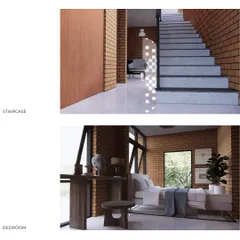 Renders of the staircase and bedroom for the "Vault House." The design uses exposed brick and large windows to create a warm, industrial-chic aesthetic suitable for a compact urban home.
