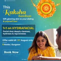 This Raksha Bandhan, gift your sibling glowing skin with our 1+1 offer on HydraFacial. It's the perfect way to pamper them and yourself with a treatment that deeply cleanses, hydrates, and rejuvenates.