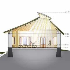 A section drawing of the yoga hall, illustrating how the bamboo roof structure allows for a wide, open-span interior. The design lets light filter through the bamboo, creating a serene, dappled effect perfect for a meditative space.