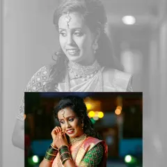 An elegant layered portrait of the bride, her colorful image popping against a monochrome background, capturing her smile as she gets ready.