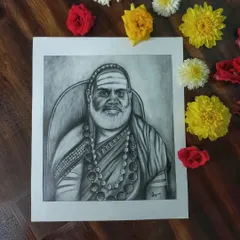 This graphite pencil portrait of Shree Bharathi Tirtha Mahaswamiji of Sringeri was a deeply meaningful project for me. I focused on capturing a sense of peace and reverence, using careful shading to create depth. It is an honor to draw figures who inspire such devotion.
