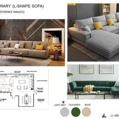 This is a mood board we created for a client's living room. It includes the floor plan, reference images for an L-shape sofa, and a color palette to define the contemporary aesthetic.