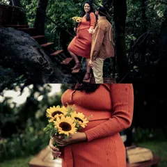 A collage showing a couple's journey in a rustic, wooded setting, including moments on a treehouse staircase. It highlights a unique and adventurous style of maternity shoot.