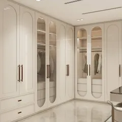 A closer look at the arched wardrobe concept, focusing on the combination of solid and fluted glass doors. This detail adds texture and visual interest while partially concealing clothing, maintaining a clean and organized appearance.