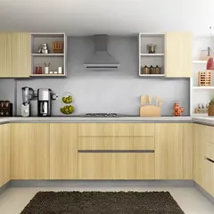 This U-shaped kitchen features a clean and natural aesthetic with light wood-finish cabinets. The design includes open shelves for easy access to spices and essentials, creating a highly functional and organized cooking environment.