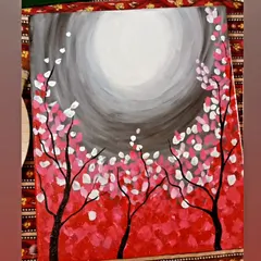 A painting of cherry blossoms under a full moon. This piece captures a sense of tranquility and beauty, using a palette of reds, pinks, and greys to create a serene nightscape.
