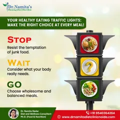 I use this "Healthy Eating Traffic Light" analogy to help clients make mindful choices. Stop and resist junk food, wait and consider what your body truly needs, and then go for wholesome, balanced meals.