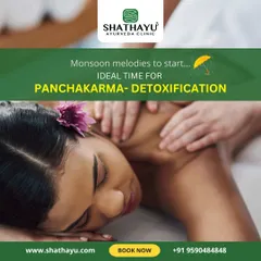 The monsoon season is considered an ideal time for Panchakarma detoxification in Ayurveda. This image of a relaxing therapy session invites you to take advantage of this opportune time to cleanse and rejuvenate your body.