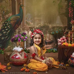 In my studio, I bring divine stories to life. This little one, dressed as Krishna with a playful smile, is surrounded by a rich, artistic setup featuring peacock feathers, marigolds, and a traditional makhan pot.