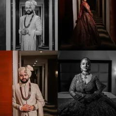 A creative collage of the couple's portraits, mixing color and black and white. These shots, taken in a hotel corridor, have a moody, editorial feel that highlights their individual styles.