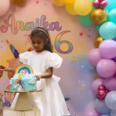 A close-up of the custom unicorn-themed birthday cake, perfectly matching the party's decor. We coordinate every element, including the cake, to ensure a cohesive and beautiful theme.