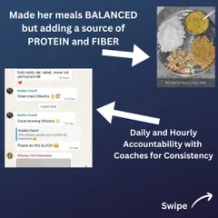 After her C-section, Slesha, a working mom, lost 7.5 kgs by eating balanced ghar ka khana. We provided daily accountability, as you can see from our chats, and she learned portion control, even enjoying pani puri sometimes. Her testimonial shows how happy she is with the coaching.