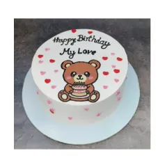 A cute teddy bear cake for "My Love". This chocolate truffle hazelnut cake has a simple, hand-drawn style that is very charming.