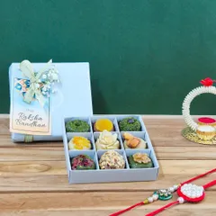 This nine-piece box is a perfect introduction to my ghee-free mithai. Each piece is a different combination of nuts and seeds, from pistachio to almond and walnut, offering a unique taste and texture.