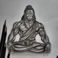 This is my hand-drawn portrait of Hanuman, capturing his strength and devotion in a meditative pose. I used graphite and charcoal to create the detailed muscle definition and serene expression.