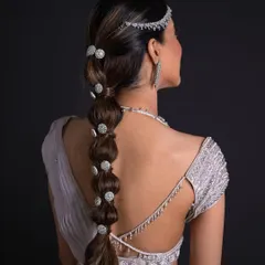 This modern bubble braid is perfect for a cocktail party or sangeet. I used sparkling diamond-style accessories to catch the light and a sleek matha patti for a look that is both chic and unforgettable.
