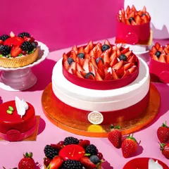 A vibrant spread of strawberry and berry desserts. We used a bright pink background and hard light to create sharp shadows, giving this collection of cakes and tarts a modern, graphic look that makes the colors pop.