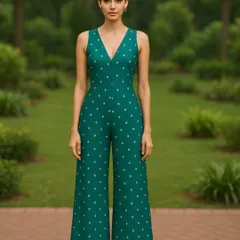 Our fabrics aren't just for traditional wear. This stunning green jumpsuit with delicate butti work is crafted from our silk brocade, showing its versatility for modern, festive silhouettes.
