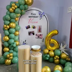 A full view of the custom photo backdrop decoration for Viren's 6th birthday.