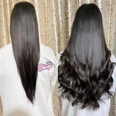 From straight and fine to long and voluminous with beautiful curls. This before-and-after showcases a stunning transformation using permanent micro ring extensions.