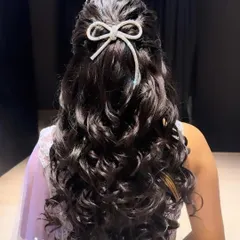 The back view of this stunning open hairstyle. The curls are well-defined and bouncy, creating a look that is full of life and movement.