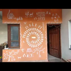 We also specialize in traditional Indian art forms like this Warli painting. This art style is perfect for adding a touch of ethnic heritage and storytelling to an entryway or feature wall in a home or commercial space.