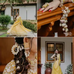A collage showcasing the bride's stunning Haldi look, from her flowing yellow lehenga to her unique shell and floral jewelry.