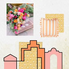 A more detailed concept board for the Haldi, focusing on the combination of vibrant florals, striped textiles, and architectural shapes.