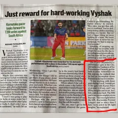 Another article celebrating Vyshak's hard work, mentioning his training at A3 under our guidance to recover from a stress fracture and build the strength needed for professional cricket.