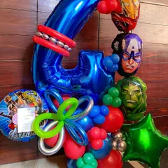 An Avengers-themed balloon bouquet for a 4th birthday party. I included foil balloons of Captain America, Iron Man, and the Hulk, combined with a large number "4" and other coordinating colors.